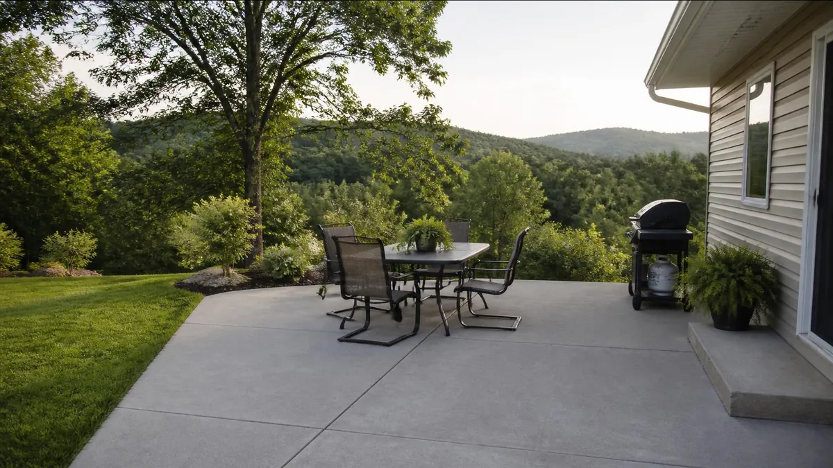 A light gray broom-finished concrete patio behind a sided house with a table, chairs and a grill, looking out over a lawn toward wooded hills