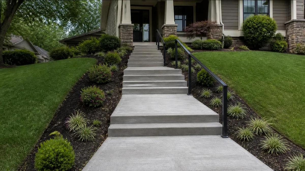 A concrete front walk and a flight of concrete steps with landings and a black metal handrail climbing a sloped lawn to a craftsman porch